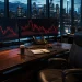 Sàn giao dịch New York trống sau chuông đóng, cuối phiên Mỹ 28/08, màn hình nến đỏ, skyline đêm